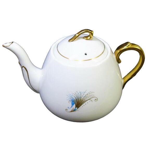 VTG Windsor England c1950 Porcleain TEAPOT Caribbean Gold Blue Peacock MCM - Picture 1 of 12